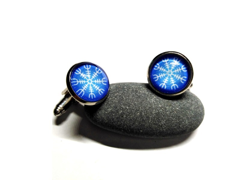 Cufflinks & Viking Ægishjálmur white on blue, Nordic jewel man wedding protection asatru pagan heathen norse paganism