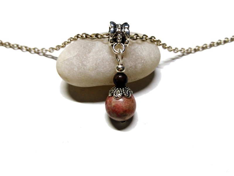 Collier pendentif argent Rhodonite, bijou lithothérapie : pierre rose, 4ème chakra du cœur, bijoux pierres semi-précieuses