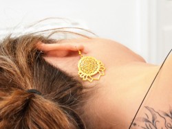 Boucles d'oreilles or, pendentifs Sri Yantra & Pétales de Lotus, bijou Hindouisme, méditation harmonie yoga Inde bohème