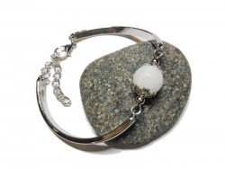 Bracelet ajustable semi-rigide inox argent et perle de Jade blanc, un beau bijou original, élégant de sérénité pour femme