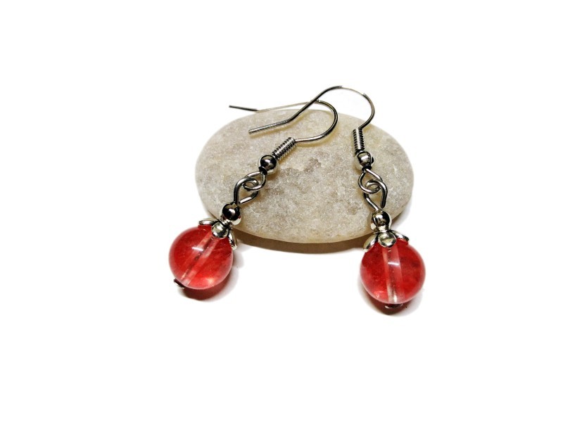 Silver Earrings, Cherry Quartz, lithotherapy jewel gemstone yoga meditation boho hippie chic