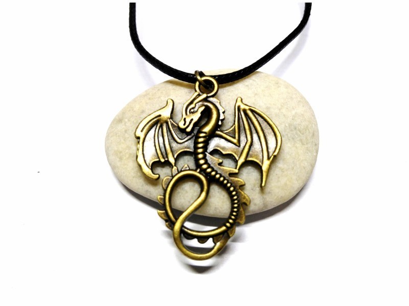 Collier noir, pendentif Dragon bronze