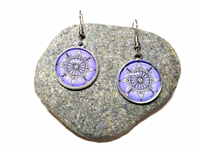 Silver hook Earrings, Compass rose lilac pendants vintage jewel ocean boho chic aesthetic ancient chart art