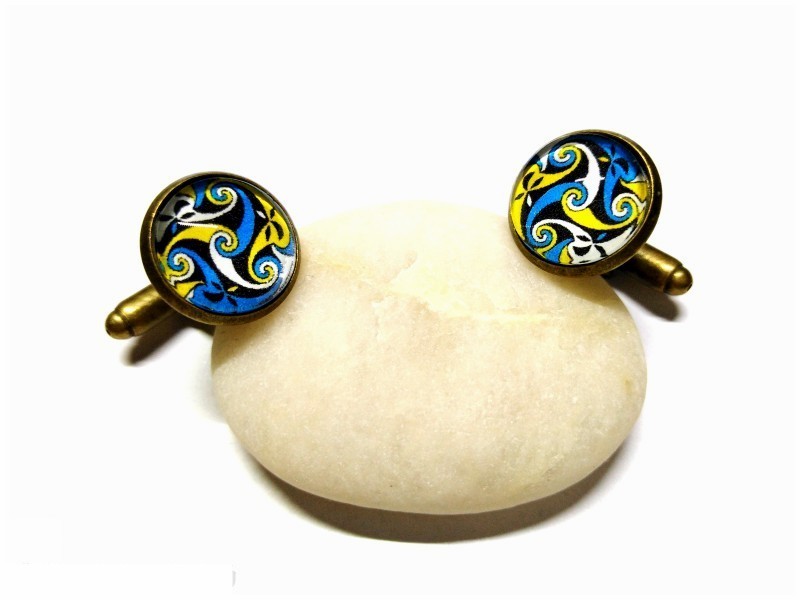 Cufflinks & Celtic Triple spiral white, yellow & blue, Celts jewel man wedding graphic ethnic irish design ancient art Ireland