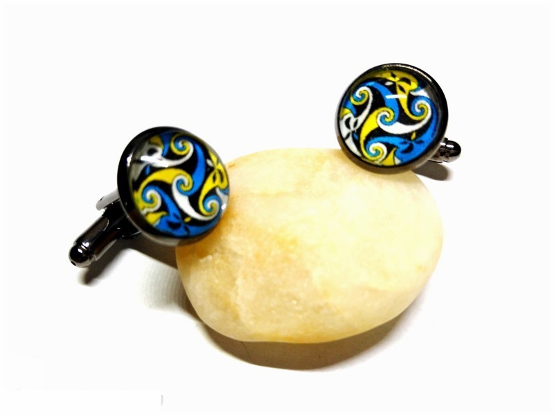 Cufflinks & Celtic Triple spiral white, yellow & blue, Celts jewel man wedding graphic ethnic irish design ancient art Ireland Cufflinks & Celtic Triple spiral white, yellow & blue, Celts jewel man wedding graphic ethnic irish design ancient art Ireland