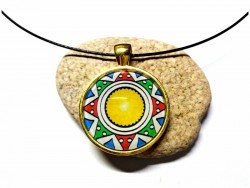 Black Necklace, yellow, green & red Compass rose golden pendant