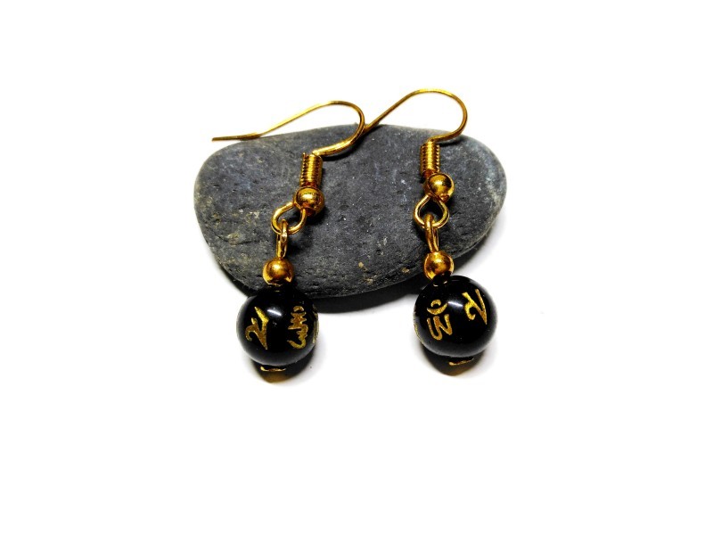 Gold Earrings, Obsidian, lithotherapy & buddhism jewel gemstone buddhism yoga meditation boho hippie chic Gold Earrings, Obsidian, lithotherapy & buddhism jewel gemstone buddhism yoga meditation boho hippie chic
