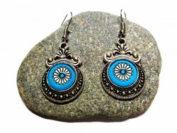 Silver Earrings, white on turquoise Compass rose pendant