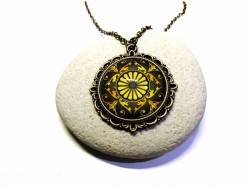 Bronze Necklace, Compass rose (yellow on black) Bronze pendant vintage victorian style