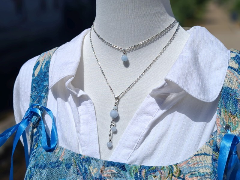 Collier pendentif aigue-marine en argent artisanat breton style bohème