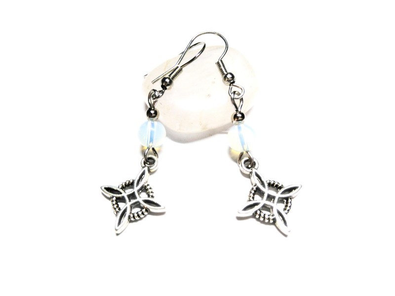 Silver Earrings, Witch Knot & Opalite, paganism jewel gemstone