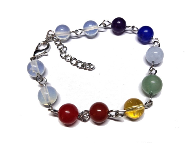 Bracelet argent Opalite & 7 chakras bijou lithothérapie : pierre opalescente calme paix équilibre émotionnel méditation yoga