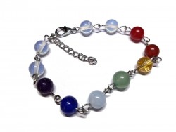 Bracelet argent Opalite & 7 chakras bijou lithothérapie : pierre opalescente calme paix équilibre émotionnel méditation yoga