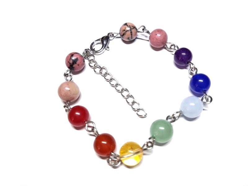 Rhodonite & 7 chakras Silver Bracelet, lithotherapy jewel yoga meditation