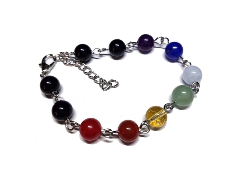 Bracelet argent Obsidienne & 7 chakras bijou lithothérapie : pierre noire chakra racine protection ancrage divination yoga