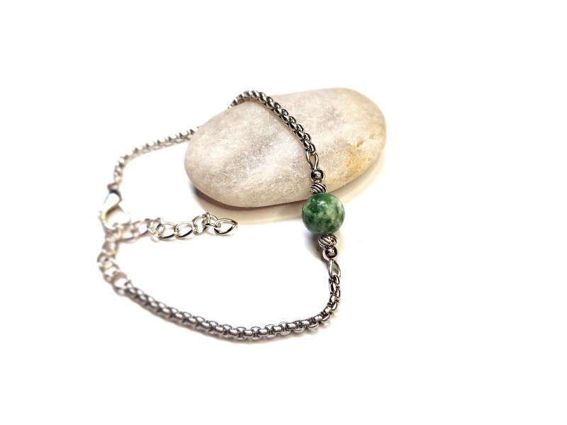 Green Jasper Silver Bracelet, lithotherapy jewel yoga meditation boho hippie chic