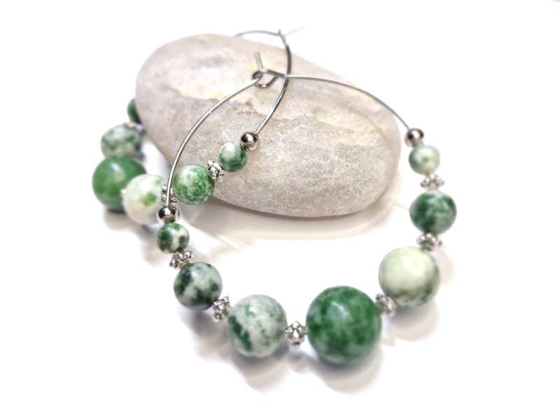 Silver hoop Earrings, Green Jasper, lithotherapy jewel gemstone yoga meditation