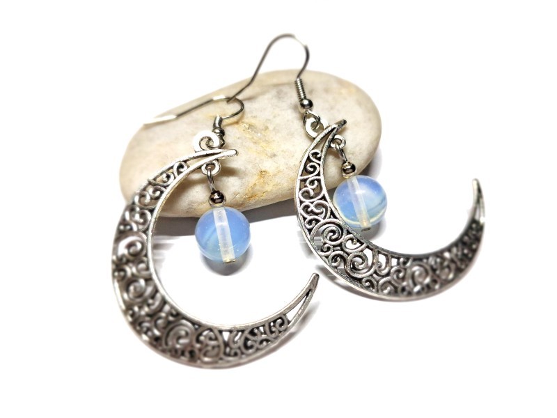 Boucles d'oreilles pendentifs argent Lune Bohème & Opalite, bijou boho chic & lithothérapie pour sorcière wicca bijoux femme