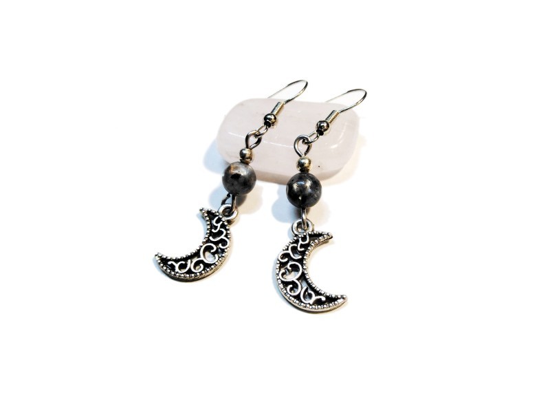 Boucles d'oreilles argent Croissant de Lune & Labradorite, bijou Wicca & lithothérapie de protection pour une sorcière wiccan