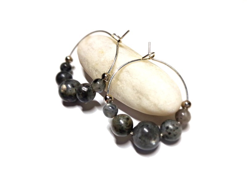 Boucles d'oreilles créoles argent Labradorite naturelle, bijou lithothérapiepour la protection et la confiance en soi