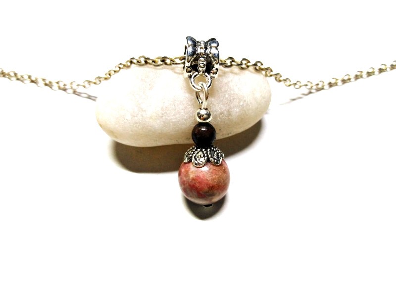 Silver Necklace Rhodonite pendant, Gemstone jewel gemstone yoga meditation boho hippie chic