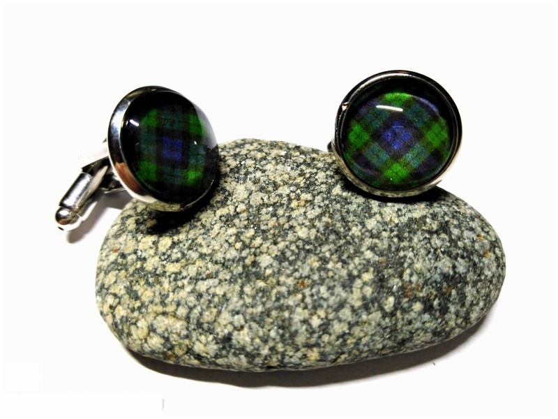 Boutons de manchette argent Tartan Black Watch bleu & vert, bijou tartans mariage cérémonie Écosse kilt écossais