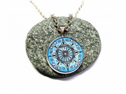 Silver Necklace, white on cyan Compass rose pendant