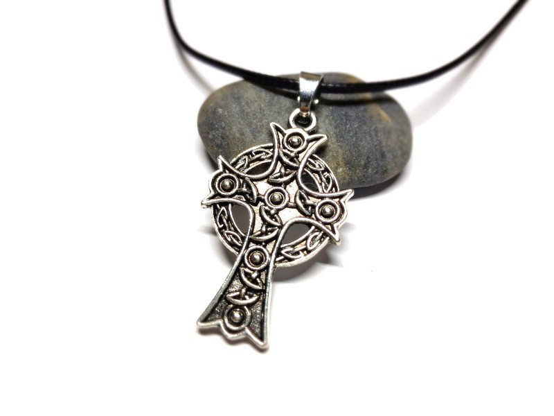 Collier noir & pendentif argent Croix celtique, bijou croix celte unisexe en Bretagne, Irlande bijoux celtes irlandais