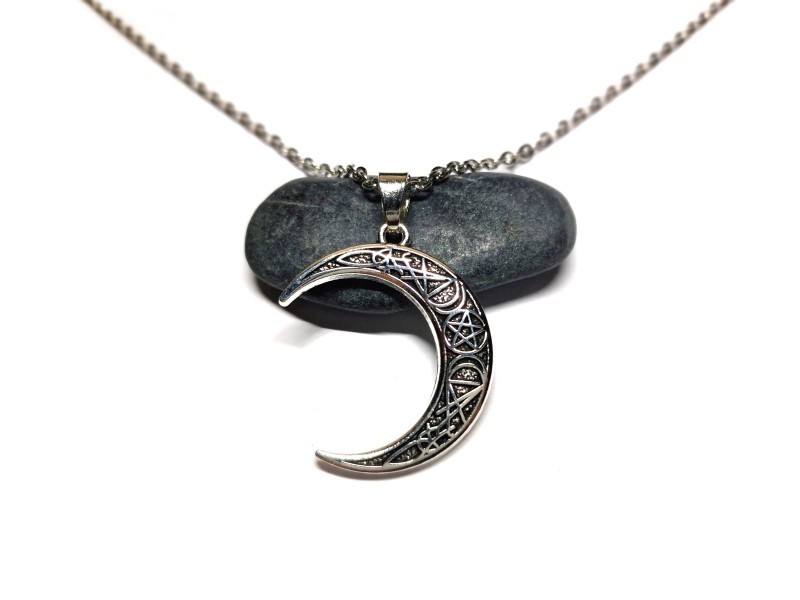 Necklace + pendant, silver Moon and Pentagram Wicca jewel Pagan witchcraft