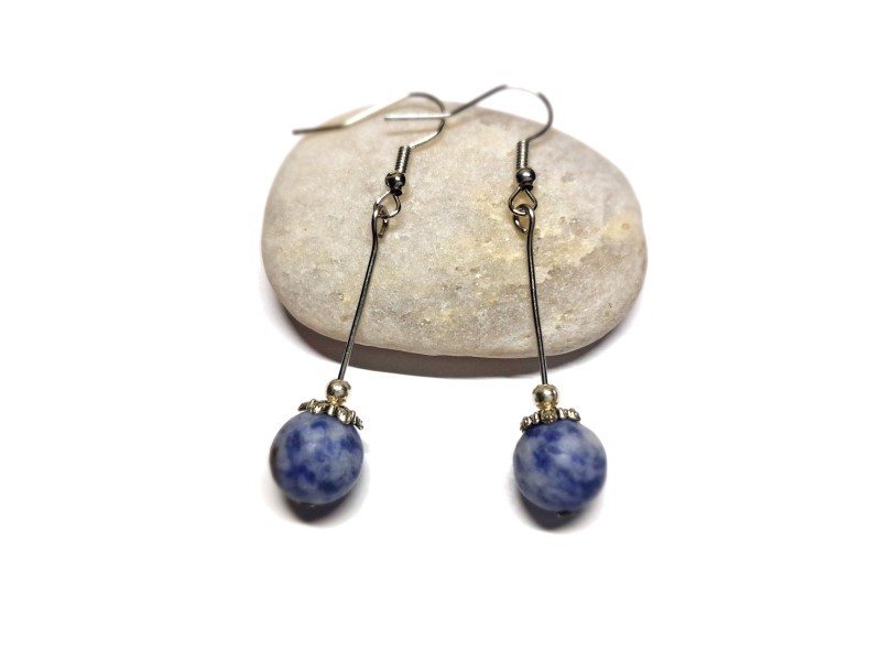Boucles d'oreilles argent Jaspe bleu dépoli, bijou minimaliste lithothérapie pour femme, 6ème chakra du troisième œil Ajna
