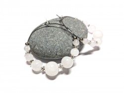 Boucles d'oreilles créoles argent et perles de pierre semi-précieuse : Quartz blanc, bijou lithothérapie sérénité pour femme