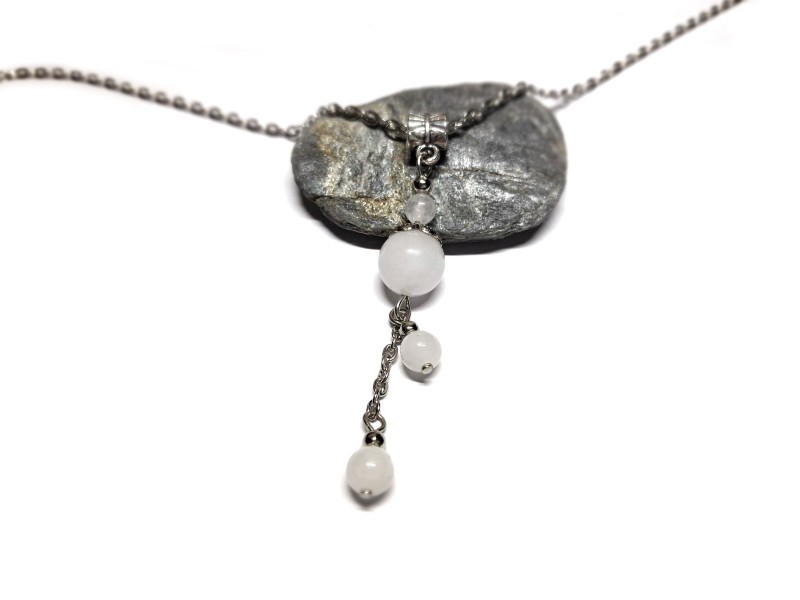 Collier argent pendentif perles de Quartz blanc véritable, bijou yoga et lithothérapie pour le calme et la sérénité
