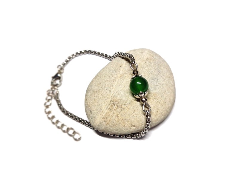 Bracelet chaîne inox argent et perle de Jade véritable, bijou décontracté pour femme et lithothérapie 4ème chakra