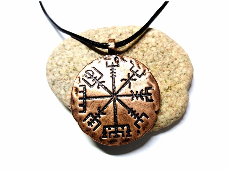 Black Necklace, copper Viking compass rose Vegvísir pendant Black Necklace, copper Viking compass rose Vegvísir pendant