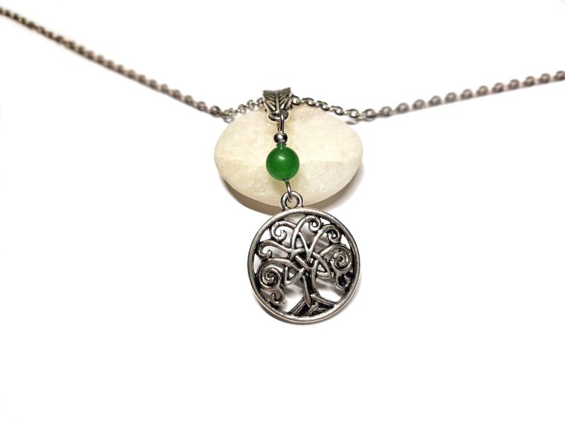Collier petite chaîne, pendentif Arbre de vie avec triquètre et Aventurine, métal argent, bijou spiritualité et lithothérapie