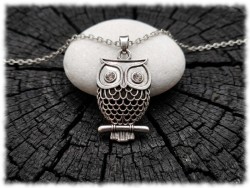 Pendentif hibou occulte argenté aux yeux de cristal, bijou mystique favorisant l'éveil spirituel et l'intuition cachée.