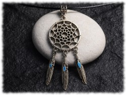 Collier & pendentif métal argenté Attrape-rêves astral avec plumes mobiles, bijoux ethnique chic