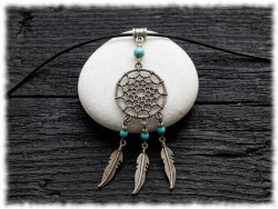 Collier cordon noir casual & pendentif argent Attrape-rêves astral & Howlite turquoise, bijou ethnique chic & lithothérapie