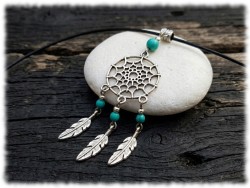 Collier cordon noir casual & pendentif argent Attrape-rêves organique & Howlite vert turquoise, bijou ethnique chic & lithothérapie