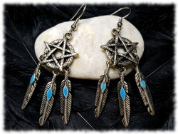 Boucles d'oreilles argenté, pendentifs Attrape-rêve pentagramme brut, bijoux Wicca & ethnique chic