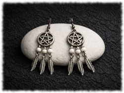 Boucles d'oreilles argentées Attrape-rêves petit pentagramme & Howlite, Bijoux spiritualité & lithothérapie