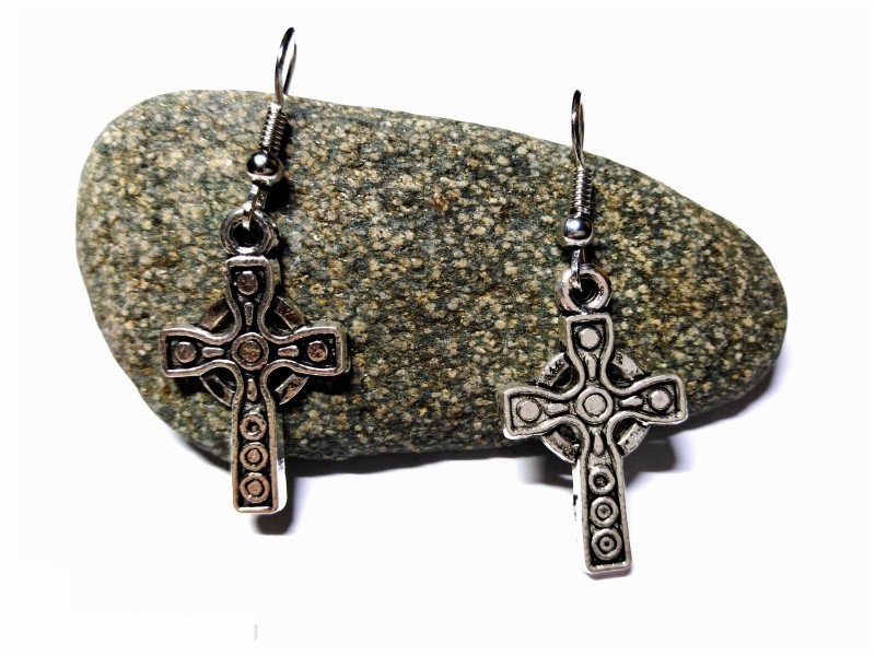 Silver hook Earrings, silver Celtic cross pendant