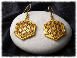 Boucles d'oreilles crochets, pendentifs Fleur de vie géométrique, métal doré, bijou spiritualité