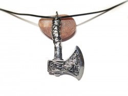 Collier hache barbue en acier inox argenté, motifs nordiques, loup et rapace totémiques, cordon noir, style scandinave