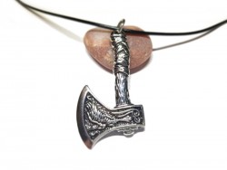 Collier viking hache danoise acier inoxydable argenté, motifs animaux myhtiques, cordon noir, esprit GN reconstitution