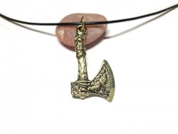 Collier hache barbue en acier inox doré, motifs nordiques, loup et rapace totémiques, cordon noir, style scandinave