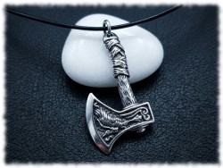 Collier cordon noir nordique style pagan, pendentif acier inox argenté hache barbue décorée, duo animaux mythologiques