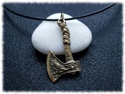 Collier cordon noir nordique style pagan, pendentif acier inox doré hache barbue décorée, duo animaux mythologiques