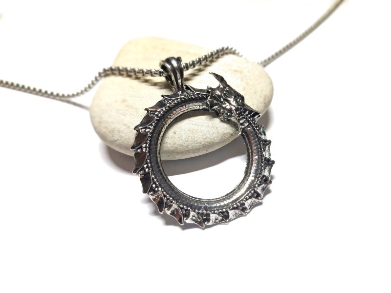 Collier longue chaîne, pendentif Ouroboros à tête de dragon, acier inox argenté, bijou alchimique et ésotérique