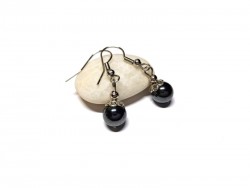 Perles d'Hématite en boucles d'oreilles argentées avec crochets, pierre fine d'ancrage et de protection